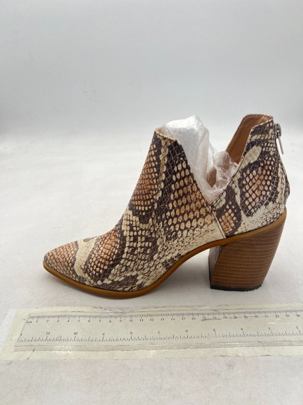 Brown Slip on Back Zipper Ankle Boots V Cutout Pointed Toe Chunky Heel Booties